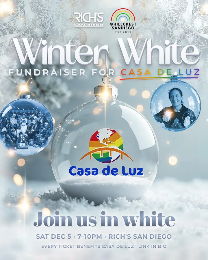 Join us in white: a clear holiday ornament holding the Casa de Luz logo, with photos of residents celebrating the holidays.
